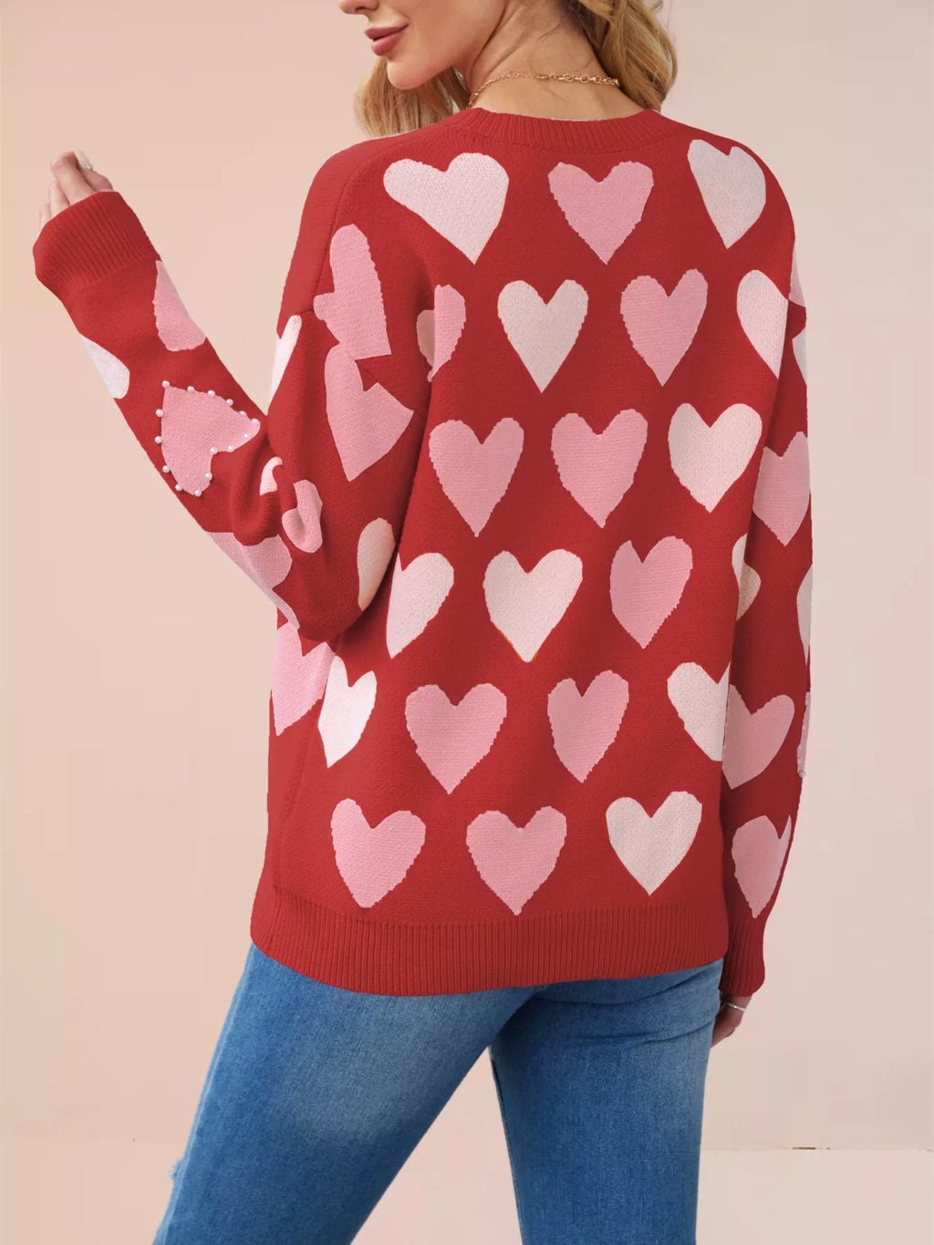 Heart Pattern Beaded Round Neck Sweater (17)