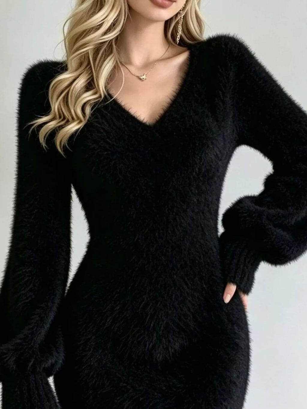 Fuzzy V-neck Long Sleeve Sweater Dress (11)