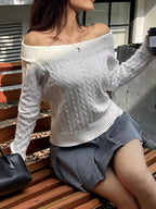 Off-shoulder Cable Knit Sweater (2)