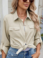 Solid Color Collared Neck Long Sleeve Shirt (8)