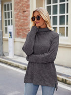 Ribbed Turtleneck Long Sleeve Slit Knit Top (24)