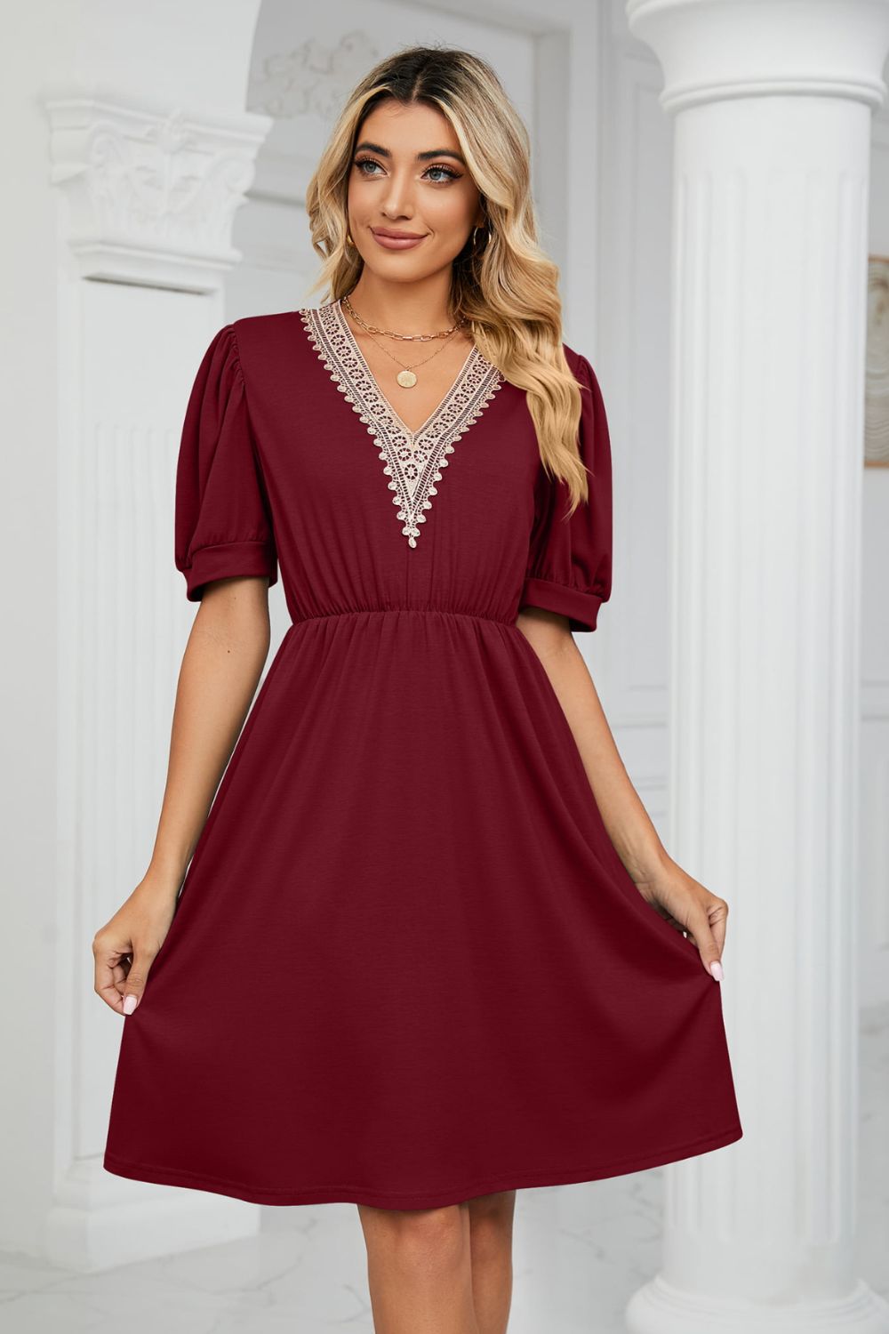 Contrast V-neck Puff Sleeve Pocket Dress (17)