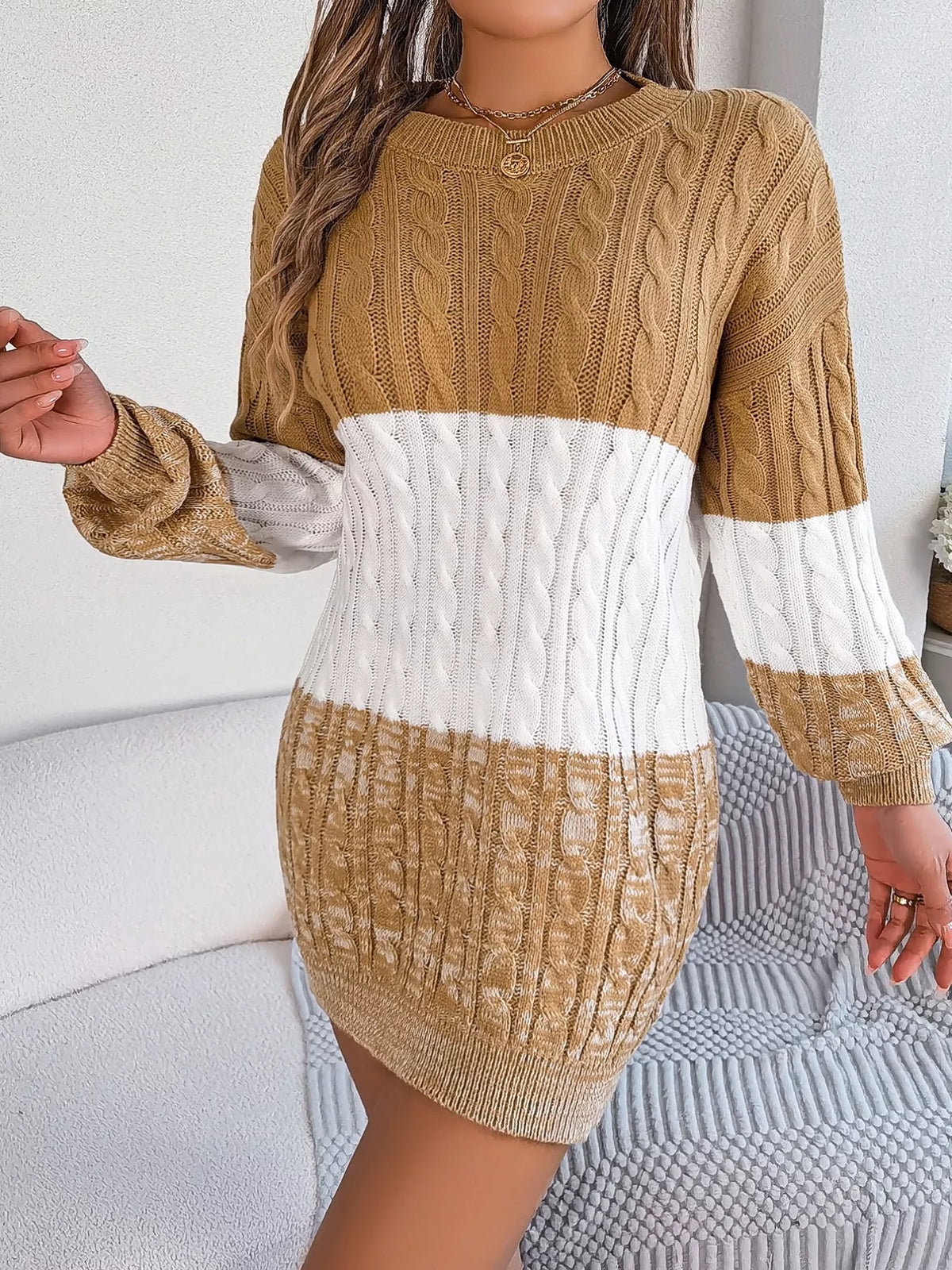Block Cable Knit Sweater Dress Textured Pattern (12)