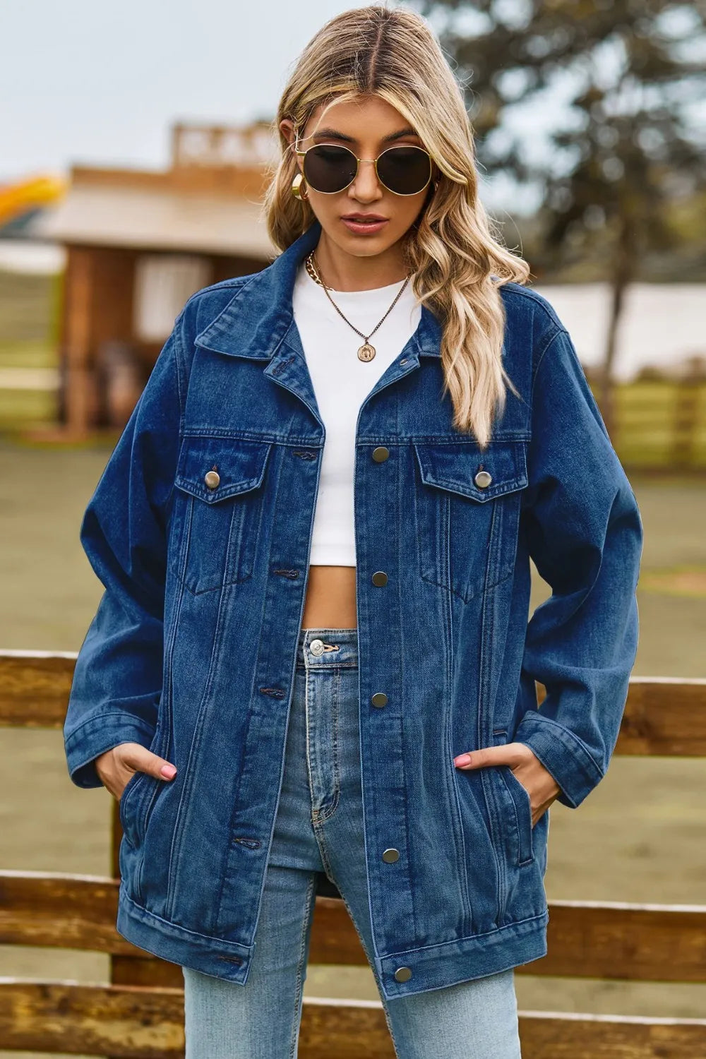 Buttoned Collared Neck Denim Jacket Pockets (14)