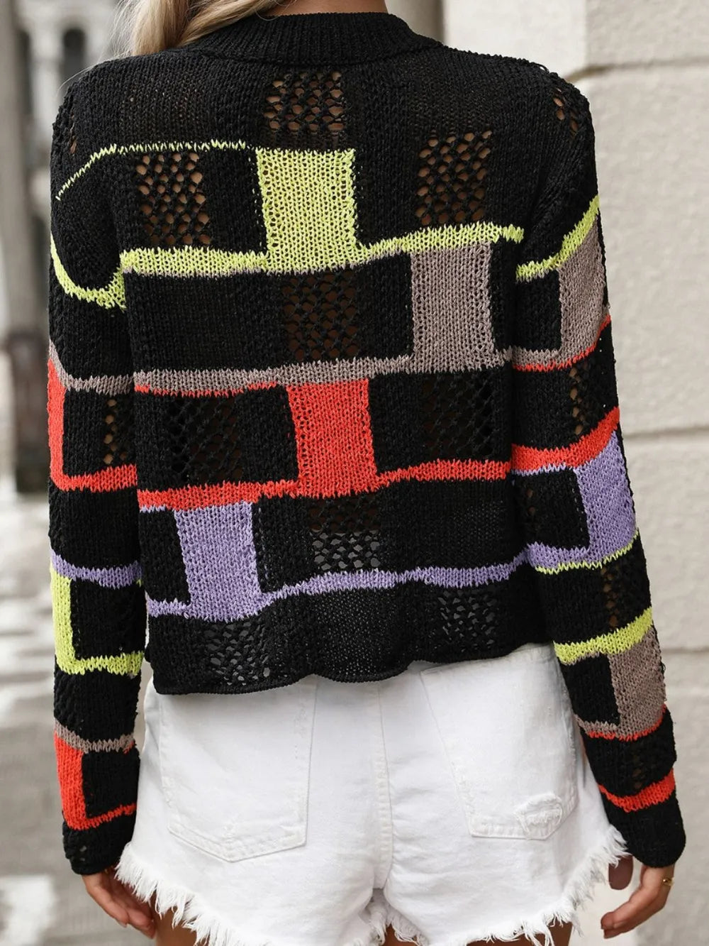 Openwork Block Round Neck Sweater (11)
