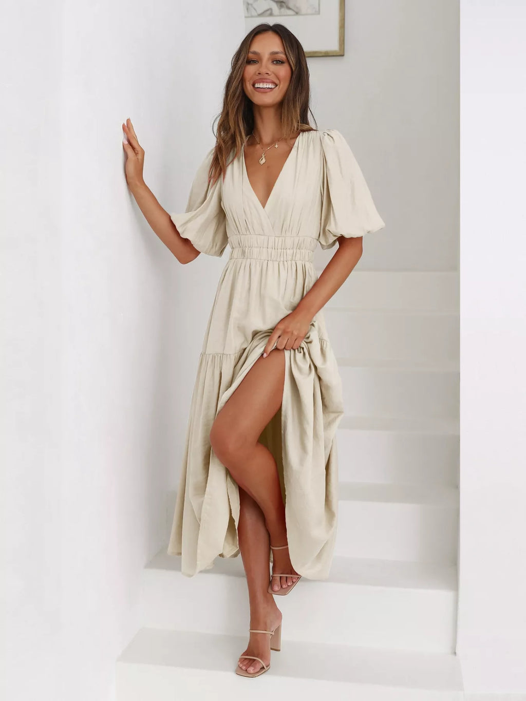 Tiered Puff Sleeve Midi Dress (14)