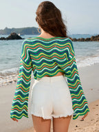 Striped Boat Neck Long Sleeve Cover Up (3)