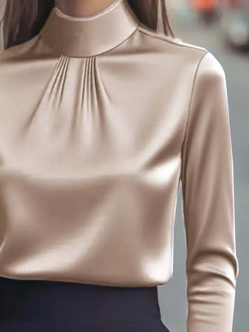 Mock Neck Long Sleeve Blouse Pleated Detail (6)