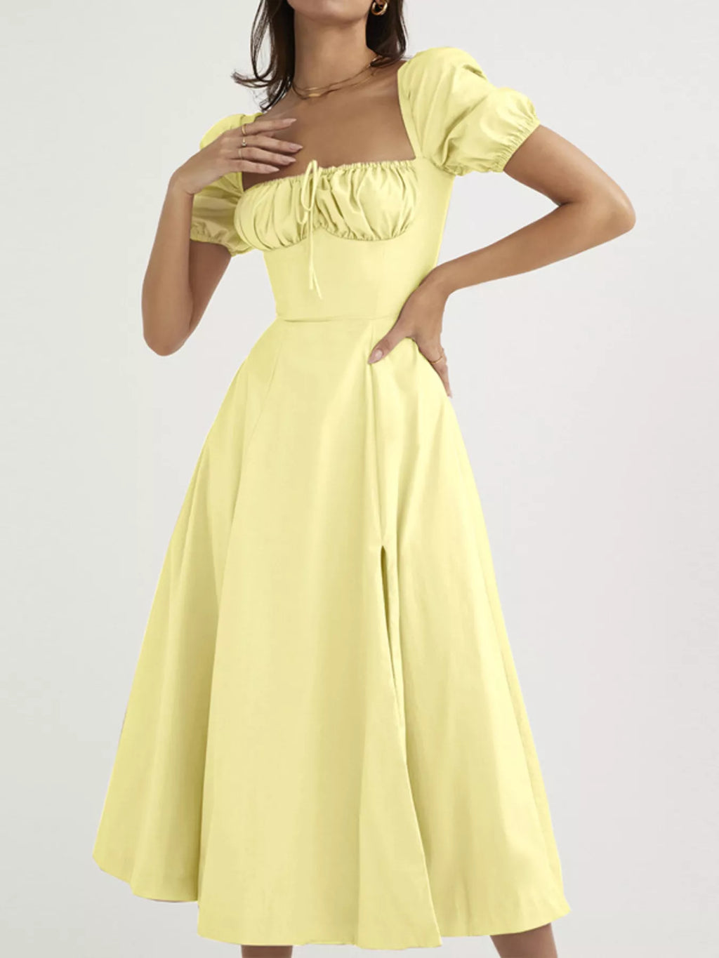Puff Sleeve Tie Front Slit Midi Dress (2)