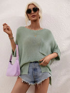 Boat Neck Cuffed Sleeve Slit Tunic Knit Top (5)