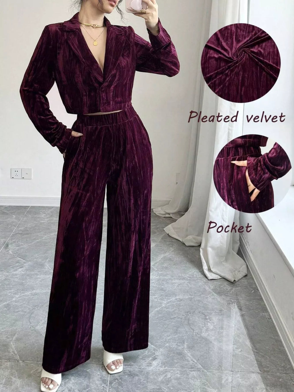 Pleated Velvet Blazer Wide Leg Pants Set (12)