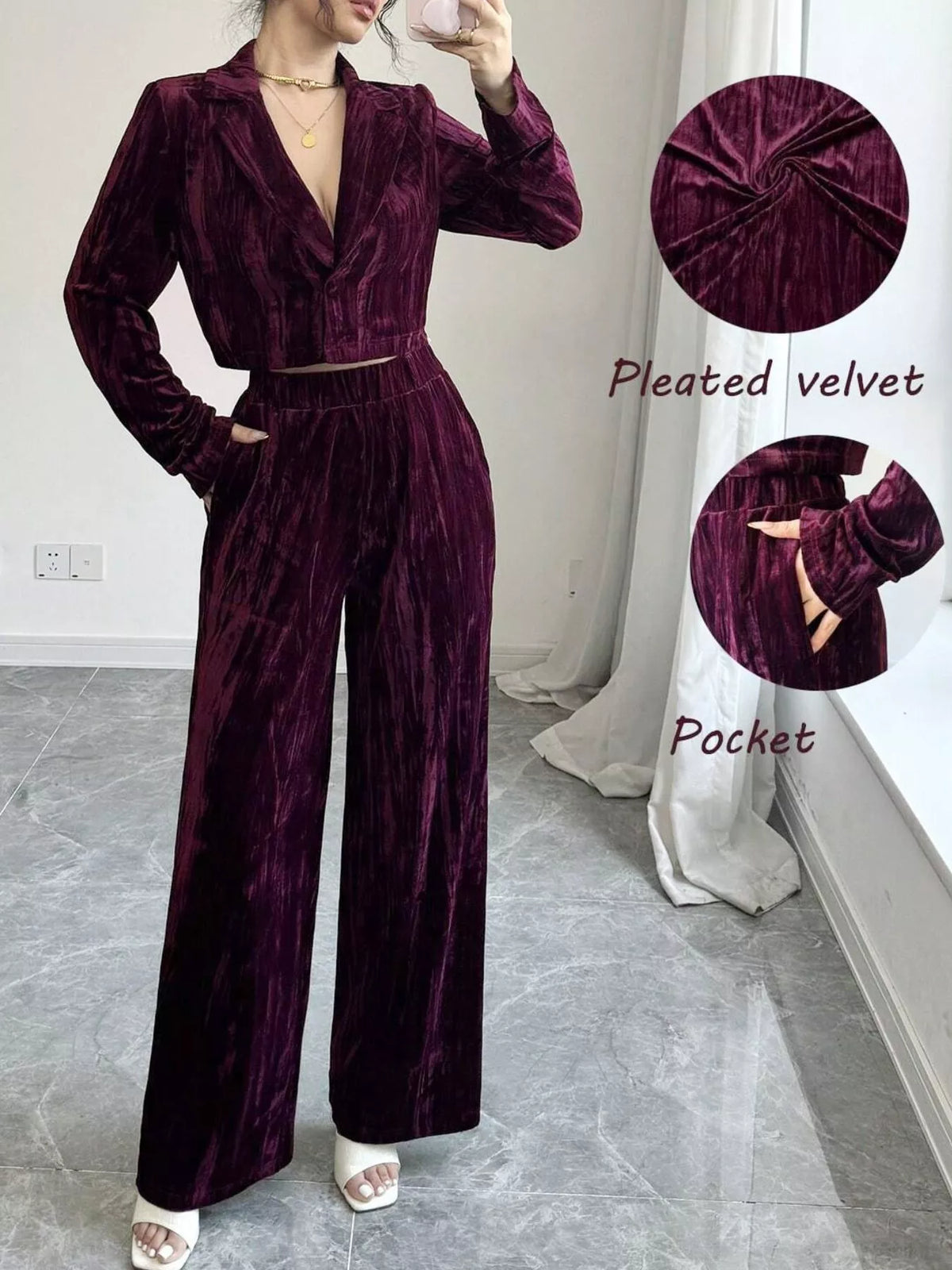 Pleated Velvet Blazer Wide Leg Pants Set (12)