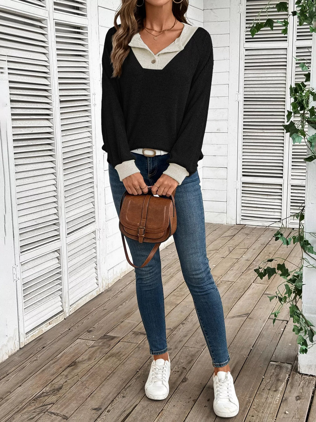 Ribbed Knit Two-tone Top (4)