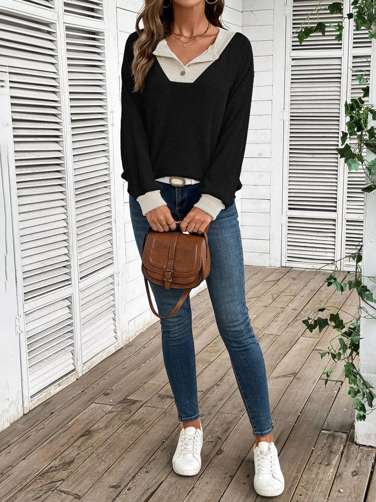 Ribbed Knit Two-tone Top (4)