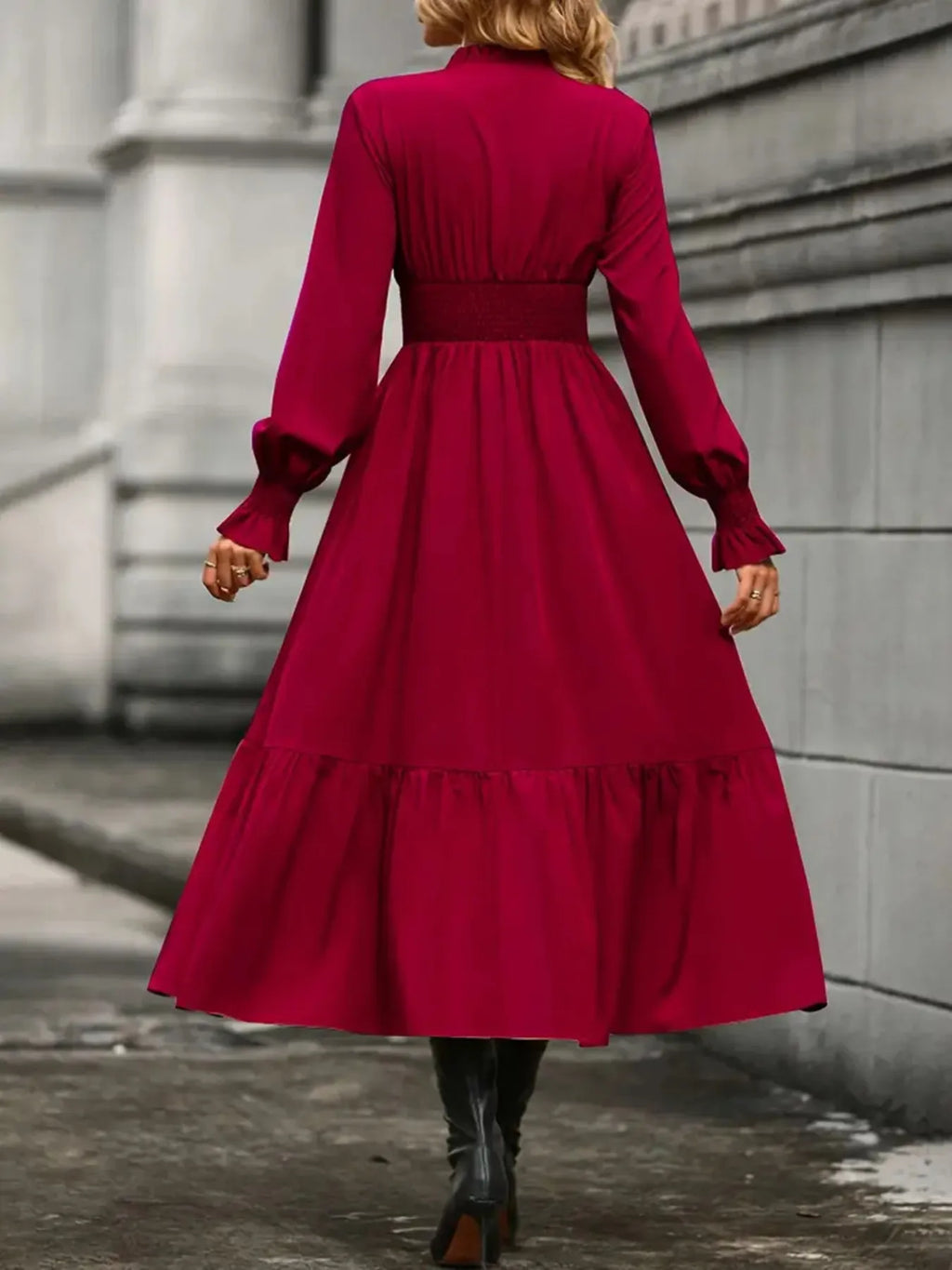 Notched Long Sleeve Tiered Dress (15)