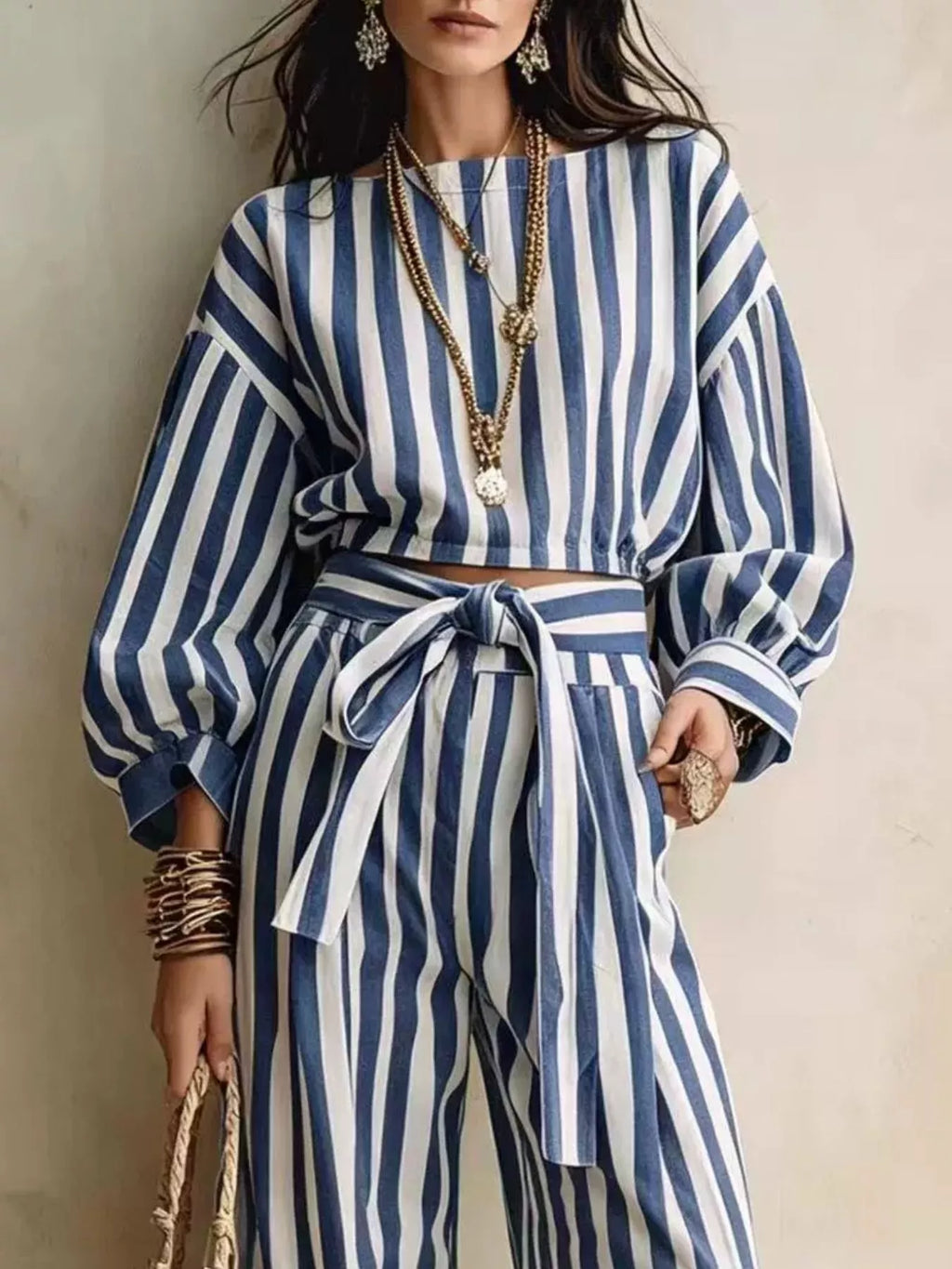 Striped Long Sleeve Top Pants Two-piece Set (9)