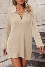 Collared Neck Long Sleeve Sweater Dress Pockets (8)