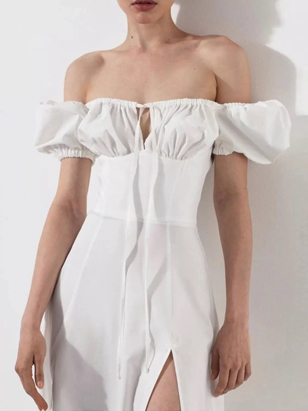 Puff Sleeve Tie Front Slit Midi Dress (15)