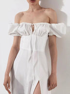 Puff Sleeve Tie Front Slit Midi Dress (15)