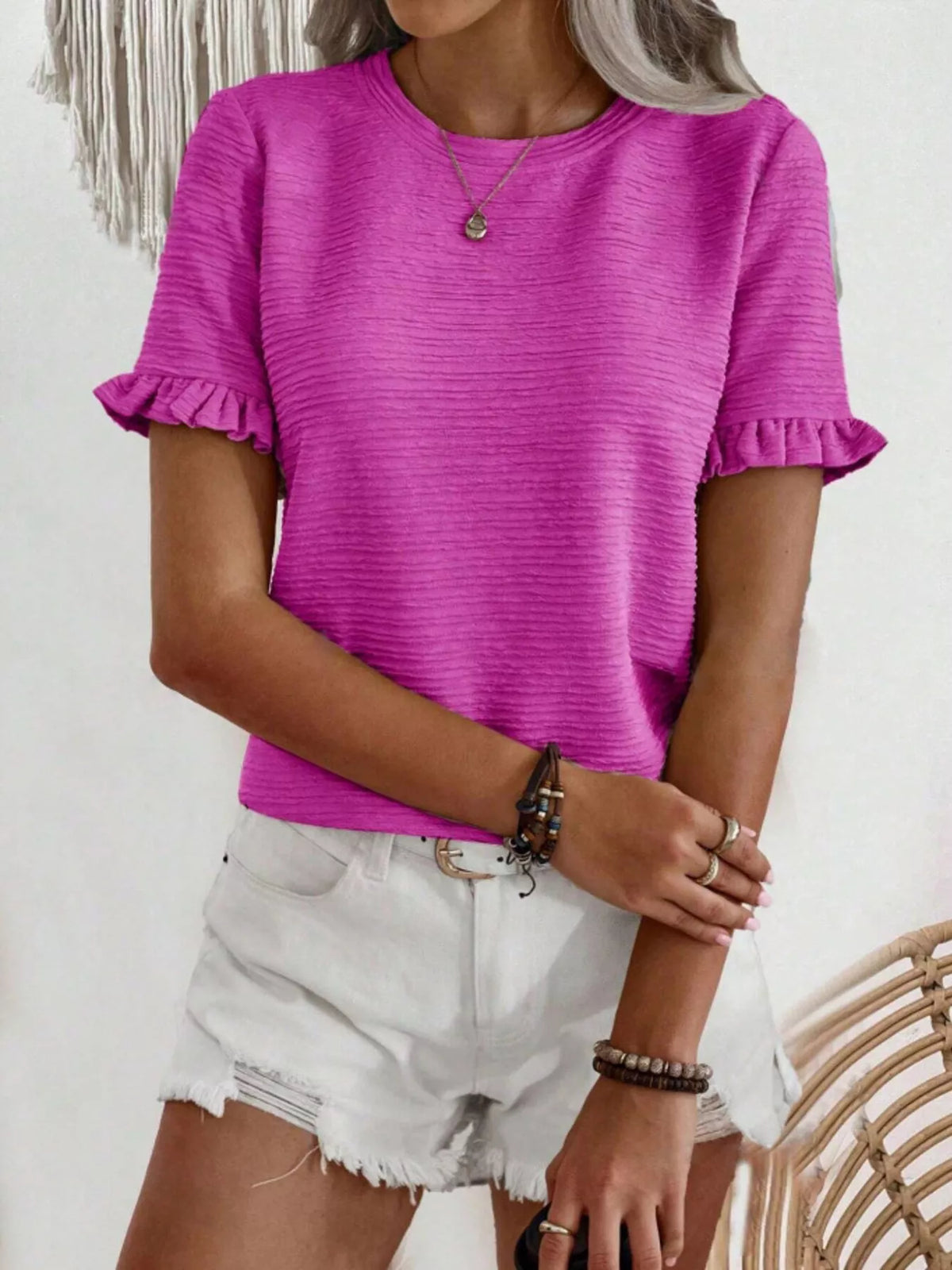 Textured Ruffle Sleeve Round Neck T-shirt (2)