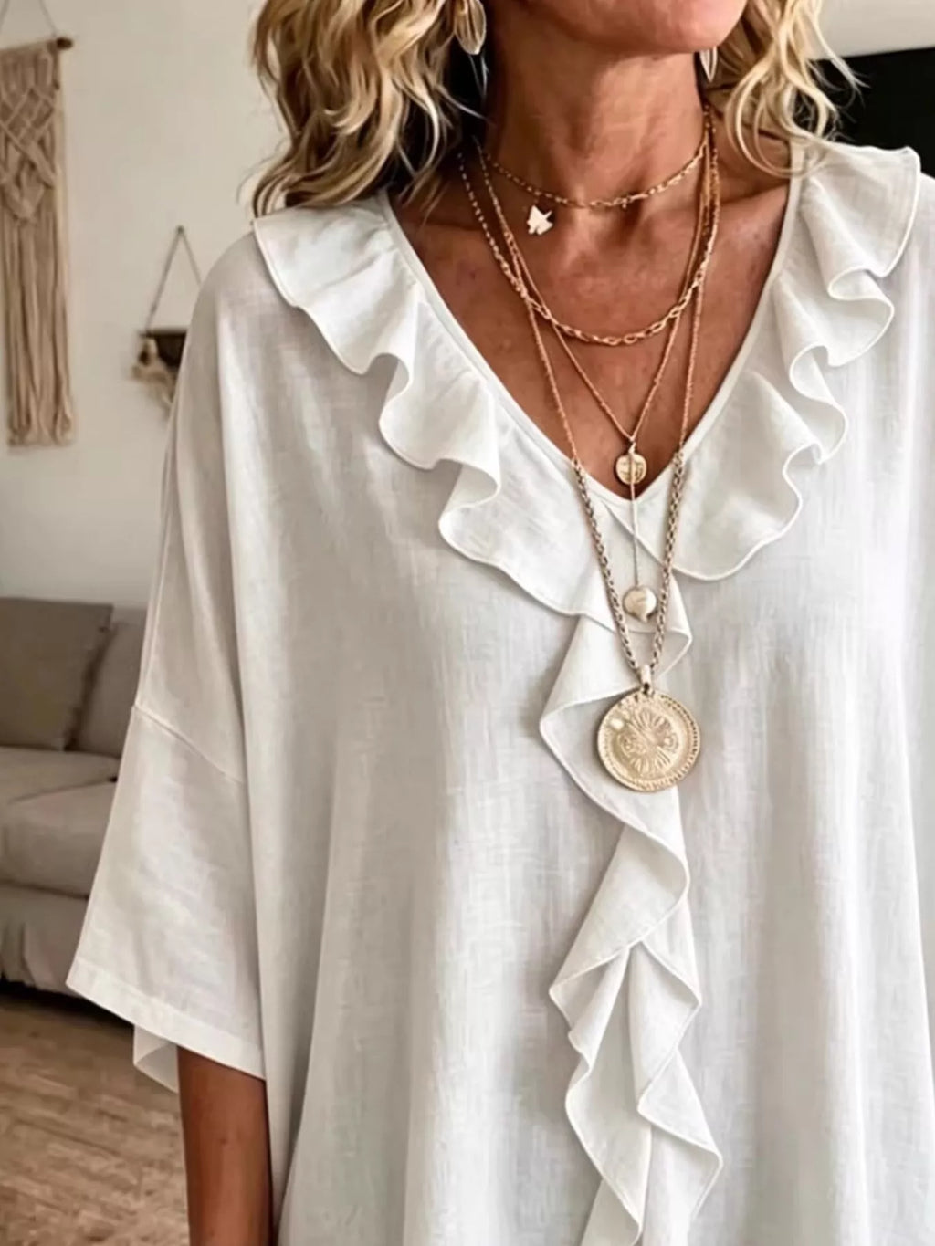 Full Size Ruffle V-neck 3/4 Sleeve Blouse Plus (2)