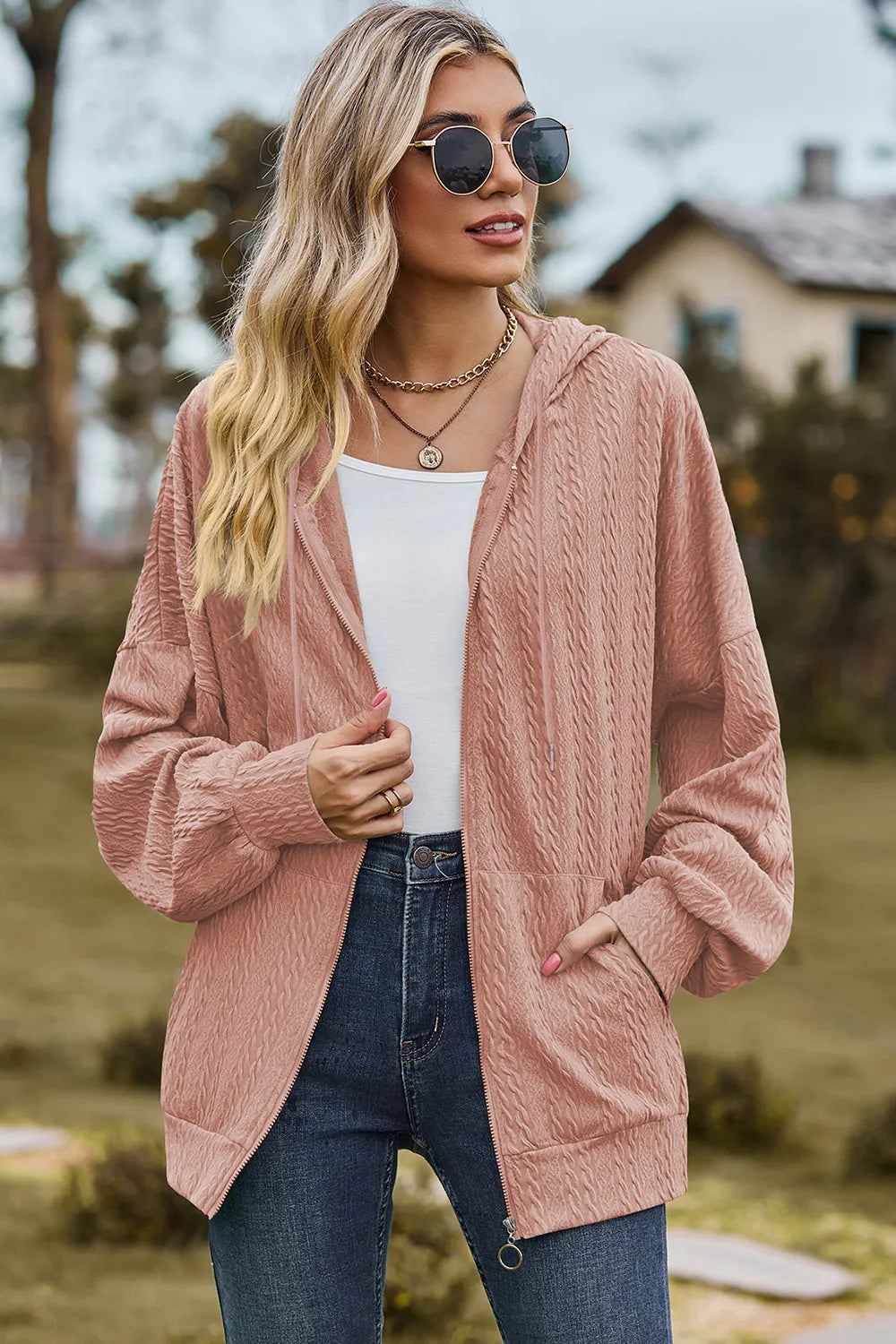Drawstring Zip Up Dropped Shoulder Hoodie (22)