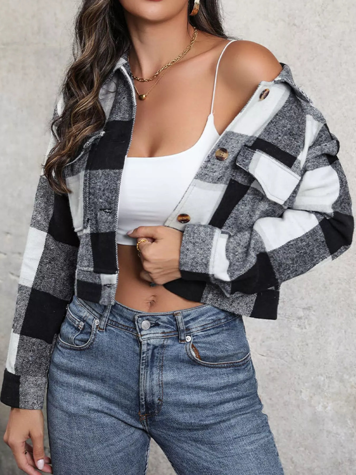 Plaid Button-up Cropped Jacket (29)