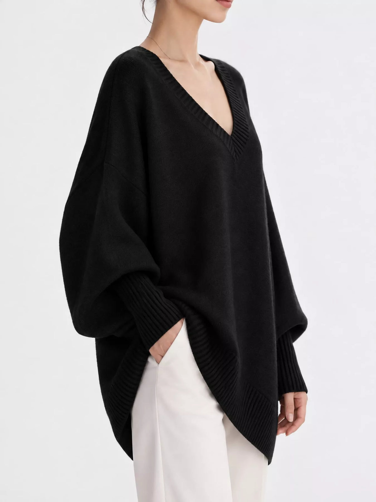 Full Size V-neck Oversized Batwing Sleeve Sweater Plus (47)