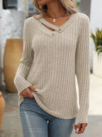 Ribbed Knit Long Sleeve Button Detail T-shirt (9)
