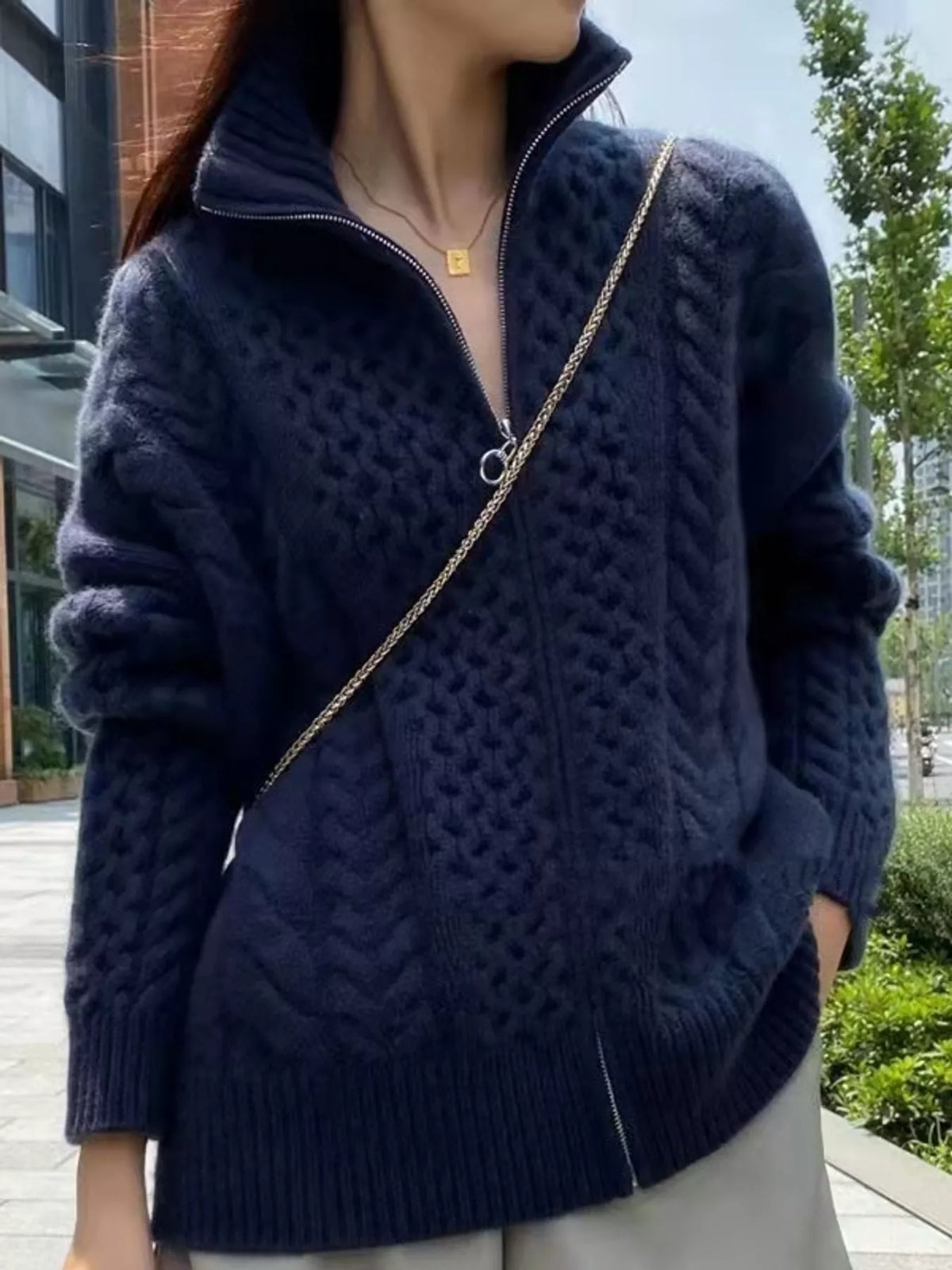 Full Size Cable-knit Zip-up Cardigan Plus (7)