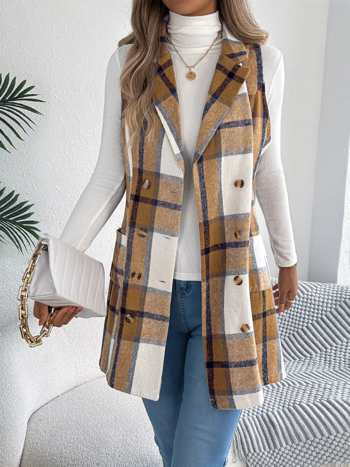 Plaid Double-breasted Vest Coat (3)