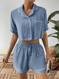 Contrast Lapel Collar Cropped Shirt Shorts Lounge Set