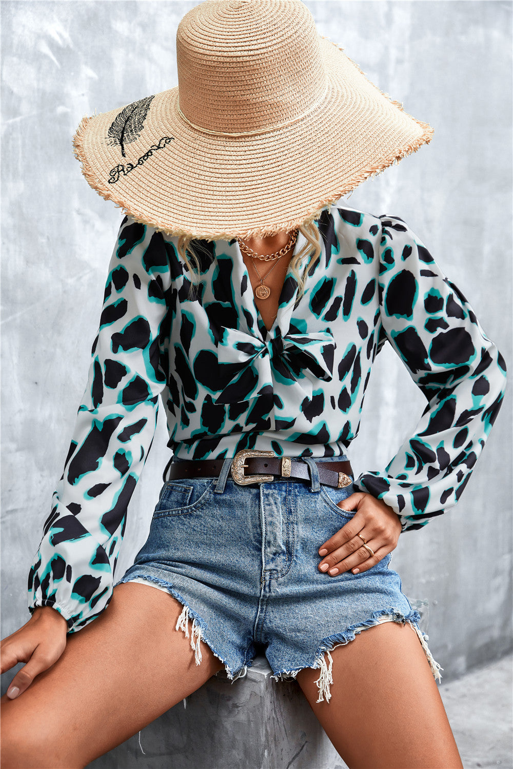 Printed Tie Neck Puff Sleeve Blouse (18)