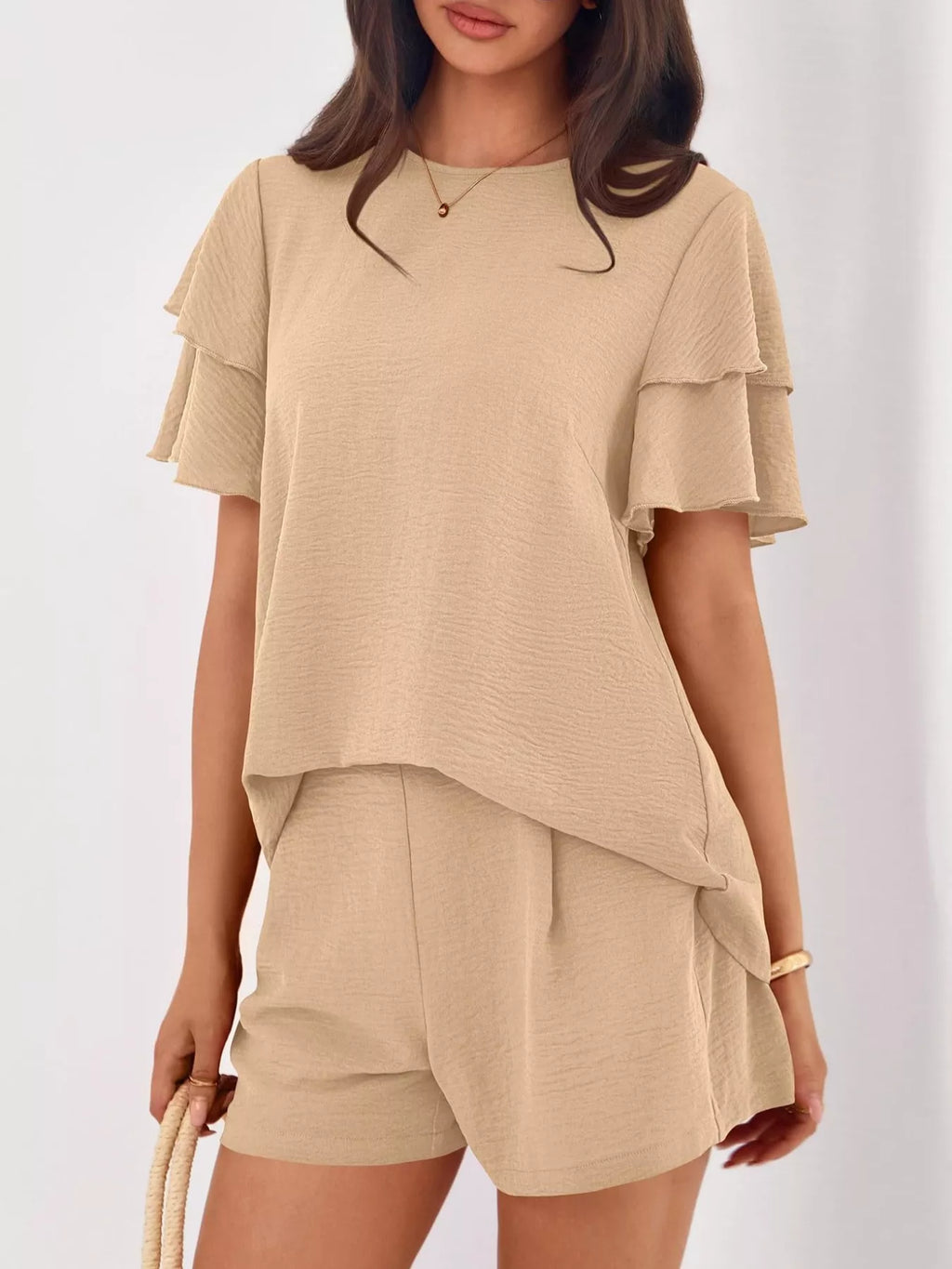 Ruffle Sleeve Top Shorts Two-piece Set (2)