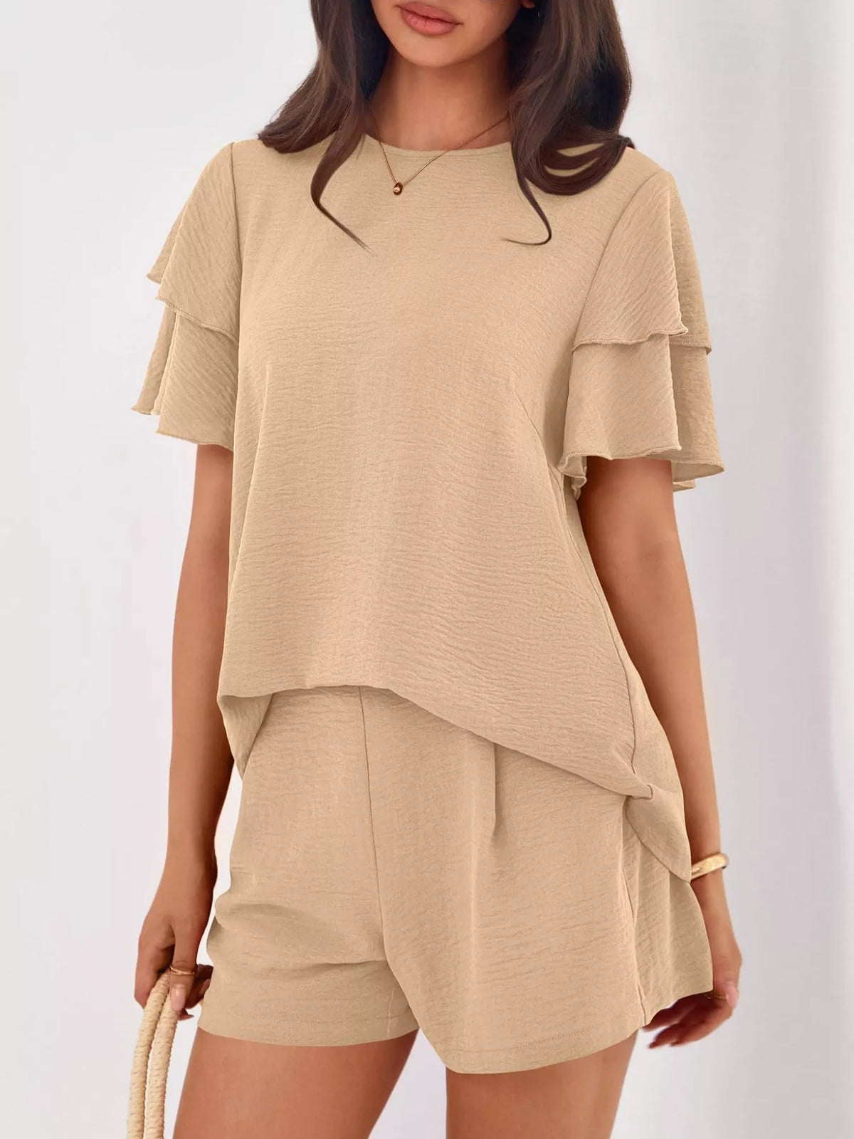 Ruffle Sleeve Top Shorts Two-piece Set (2)