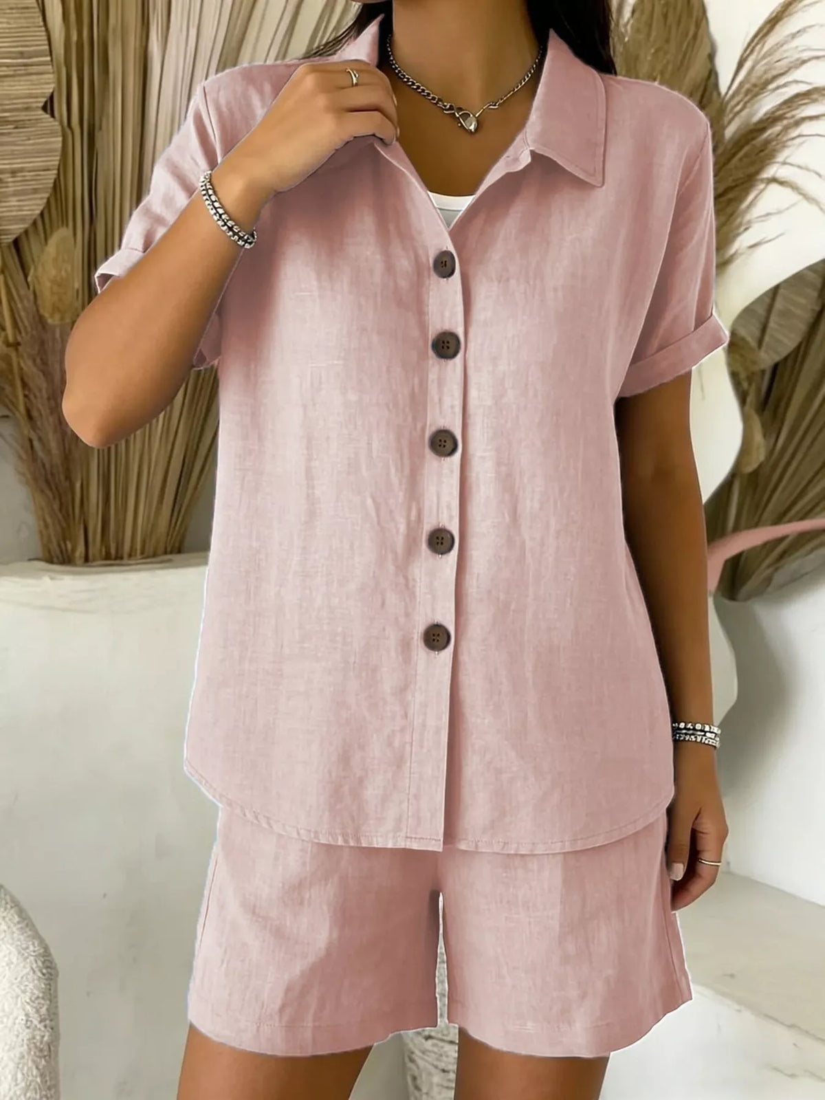 Full Size Button-up Shirt Shorts Set Plus (12)