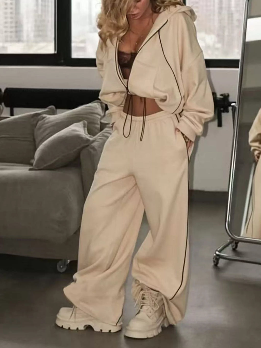 Cropped Zip-up Hoodie Wide-leg Sweatpants Lounge Set (21)
