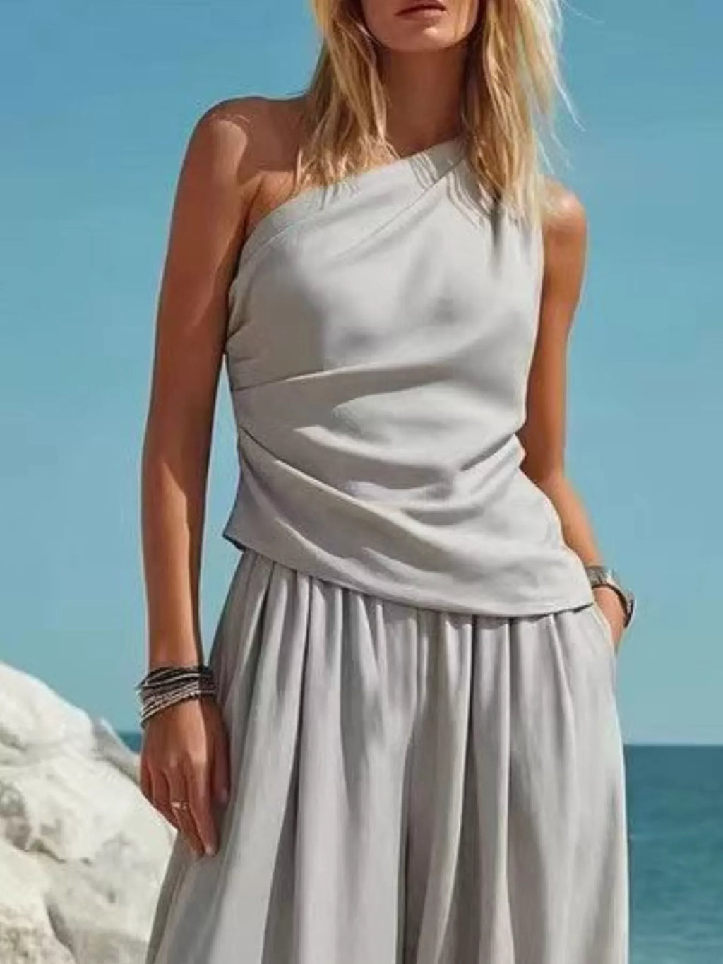 Full Size One-shoulder Top Wide Leg Pants Set Plus (8)