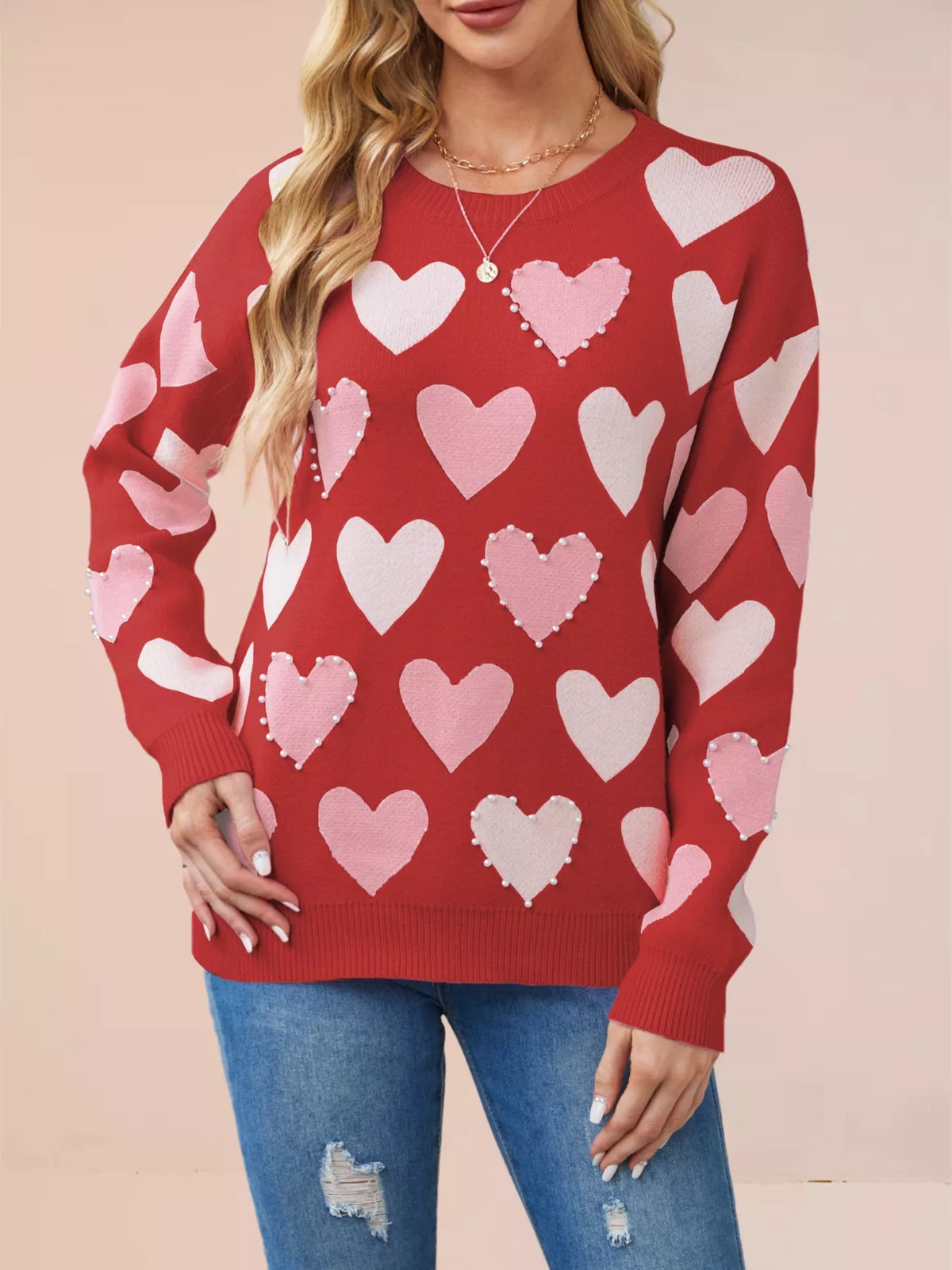 Heart Pattern Beaded Round Neck Sweater (15)