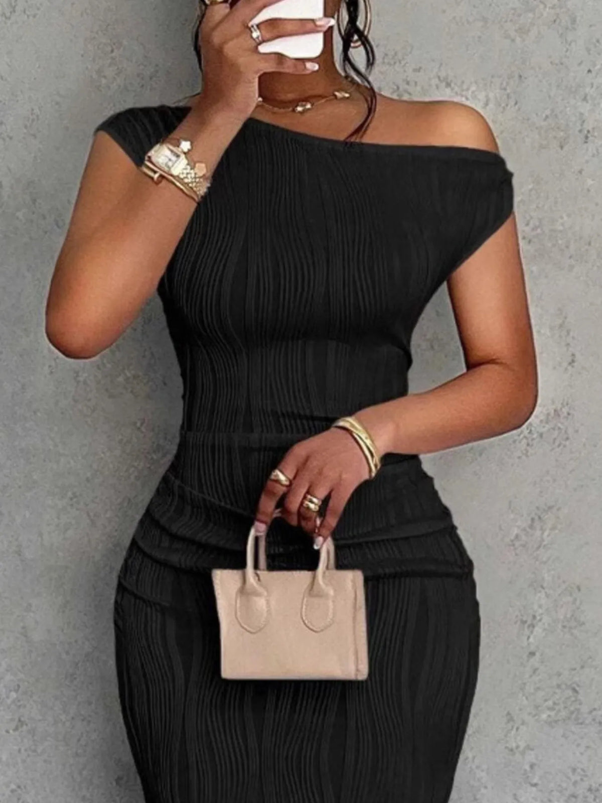 Textured Single Shoulder Bodycon Maxi Dress (3)