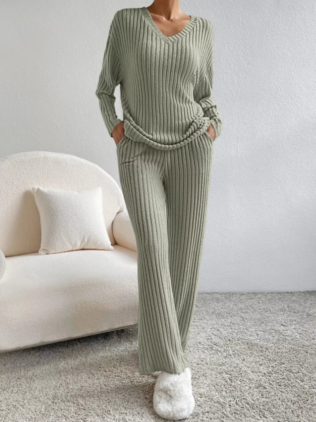 Ribbed Knit Long Sleeve Top Pants Set (19)