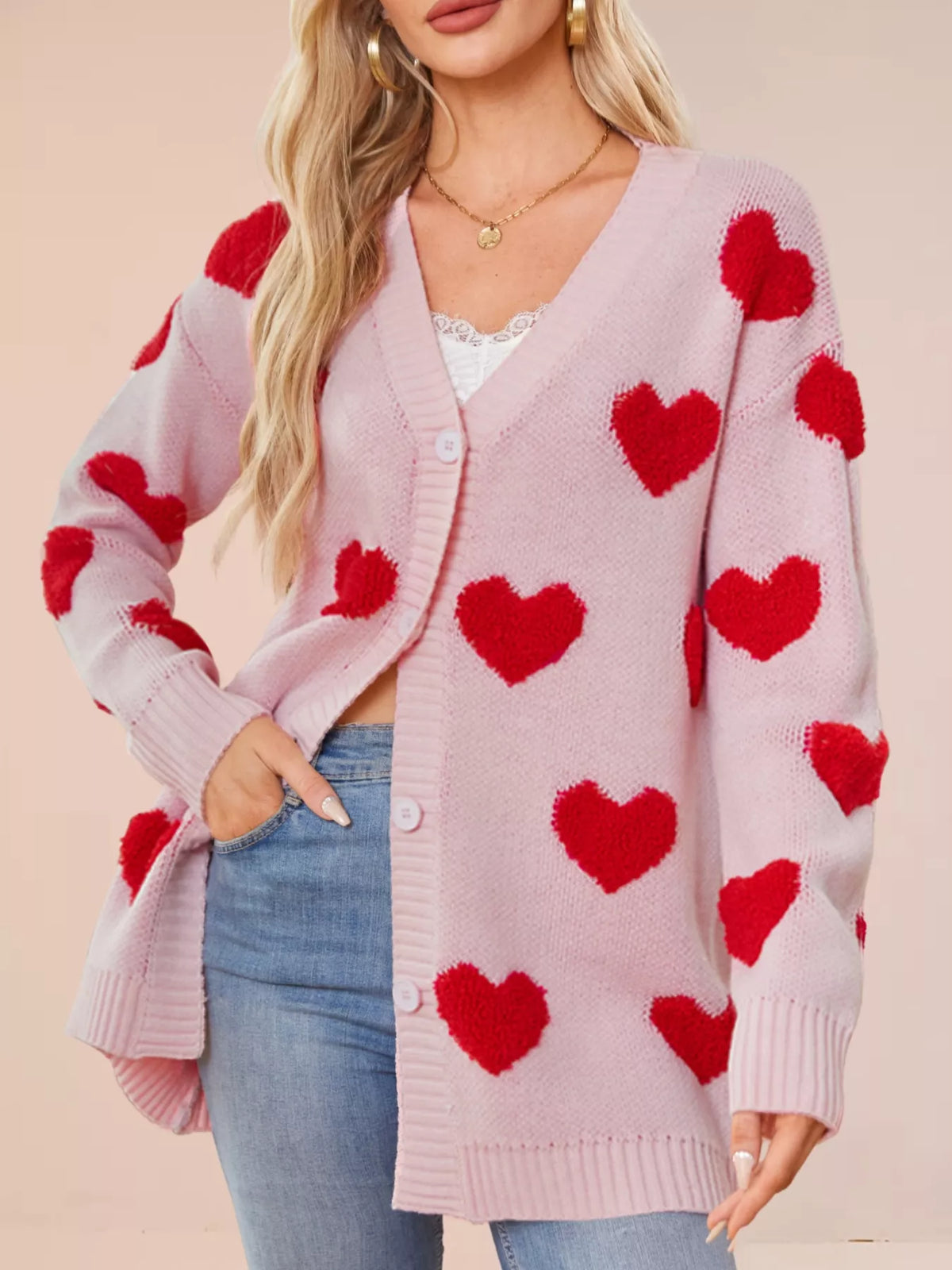 Heart Pattern Knit Button-up Cardigan (3)