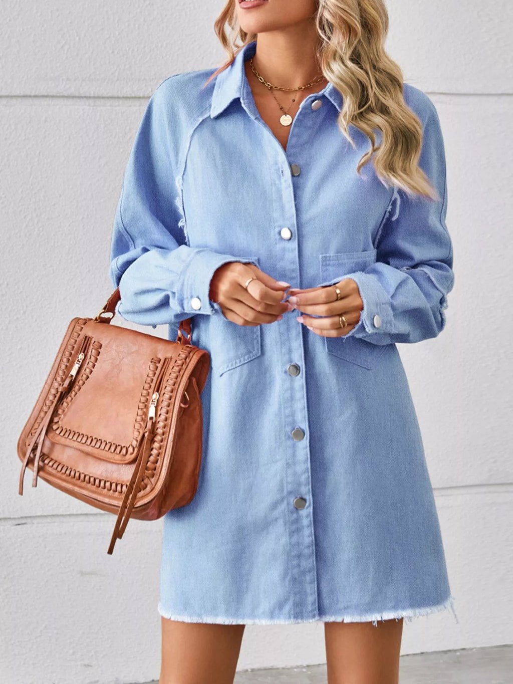 Button-down Raw Hem Denim Dress (9)