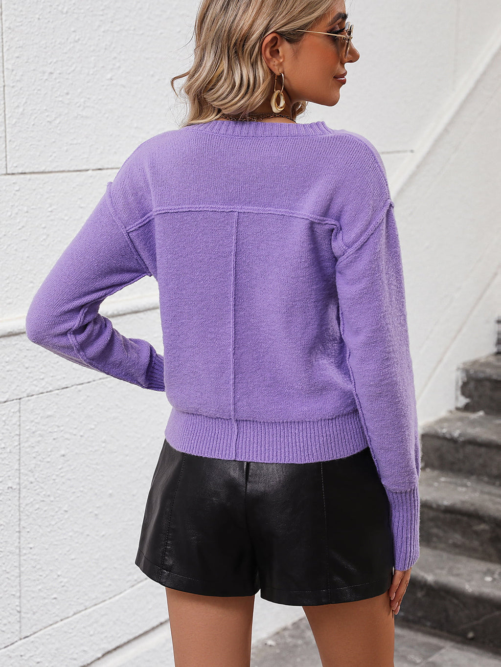 V-neck Dropped Shoulder Long Sleeve Knit Top (2)