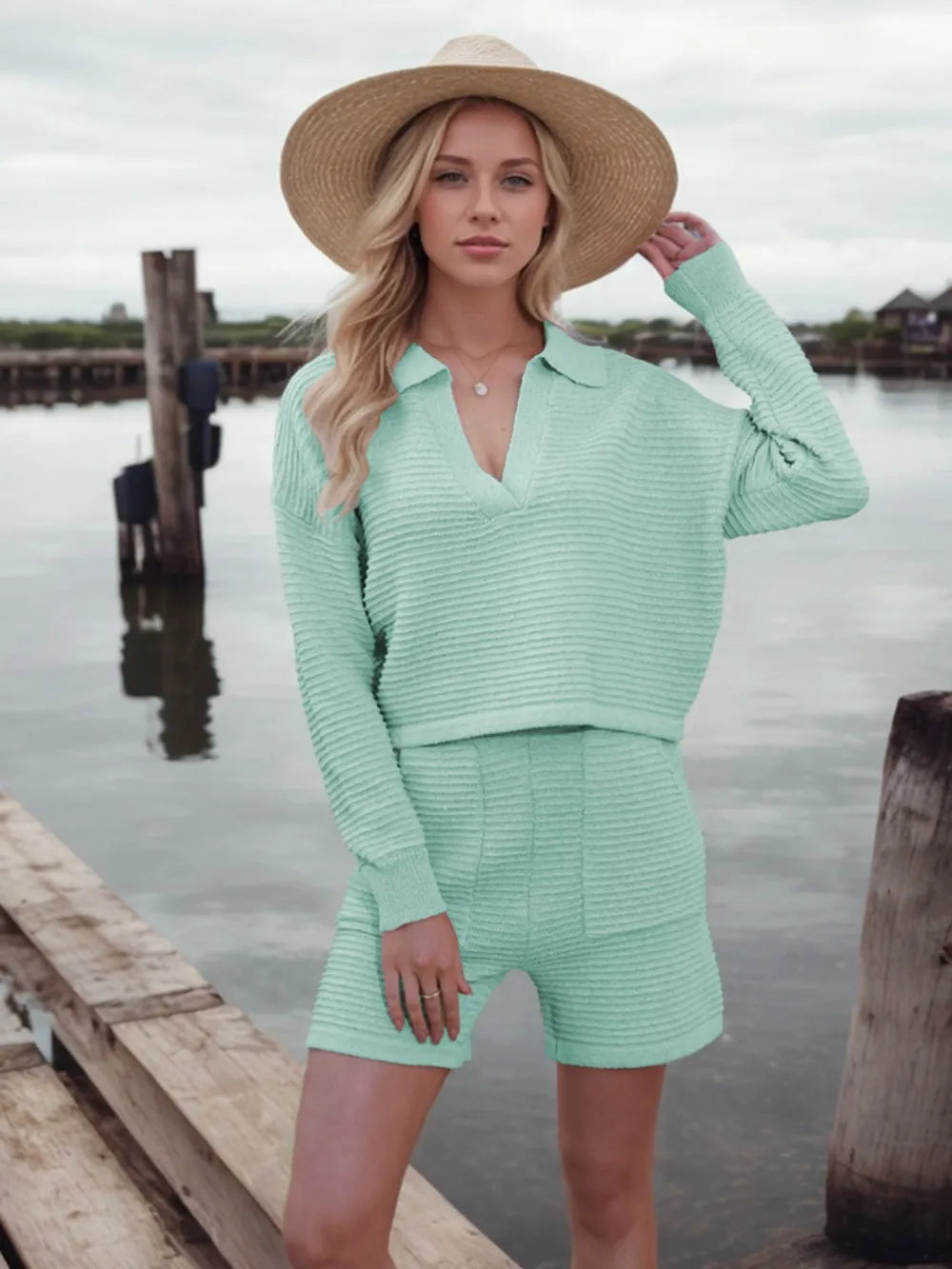 Johnny Collar Long Sleeve Top Shorts Sweater Set (5)