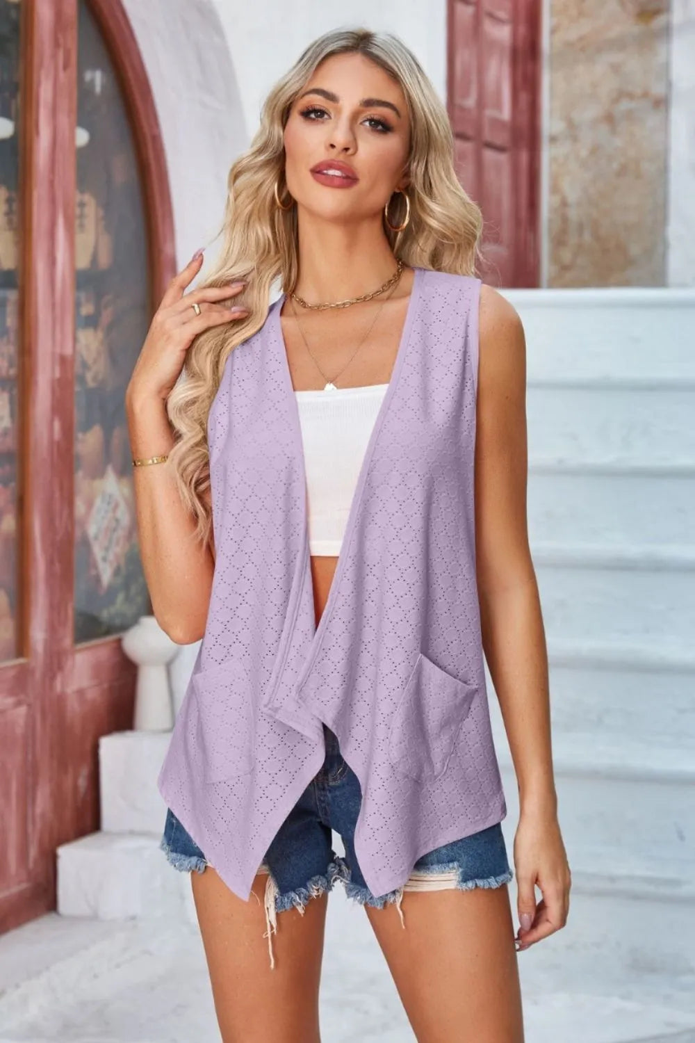 Eyelet Open Front Sleeveless Cardigan (25)