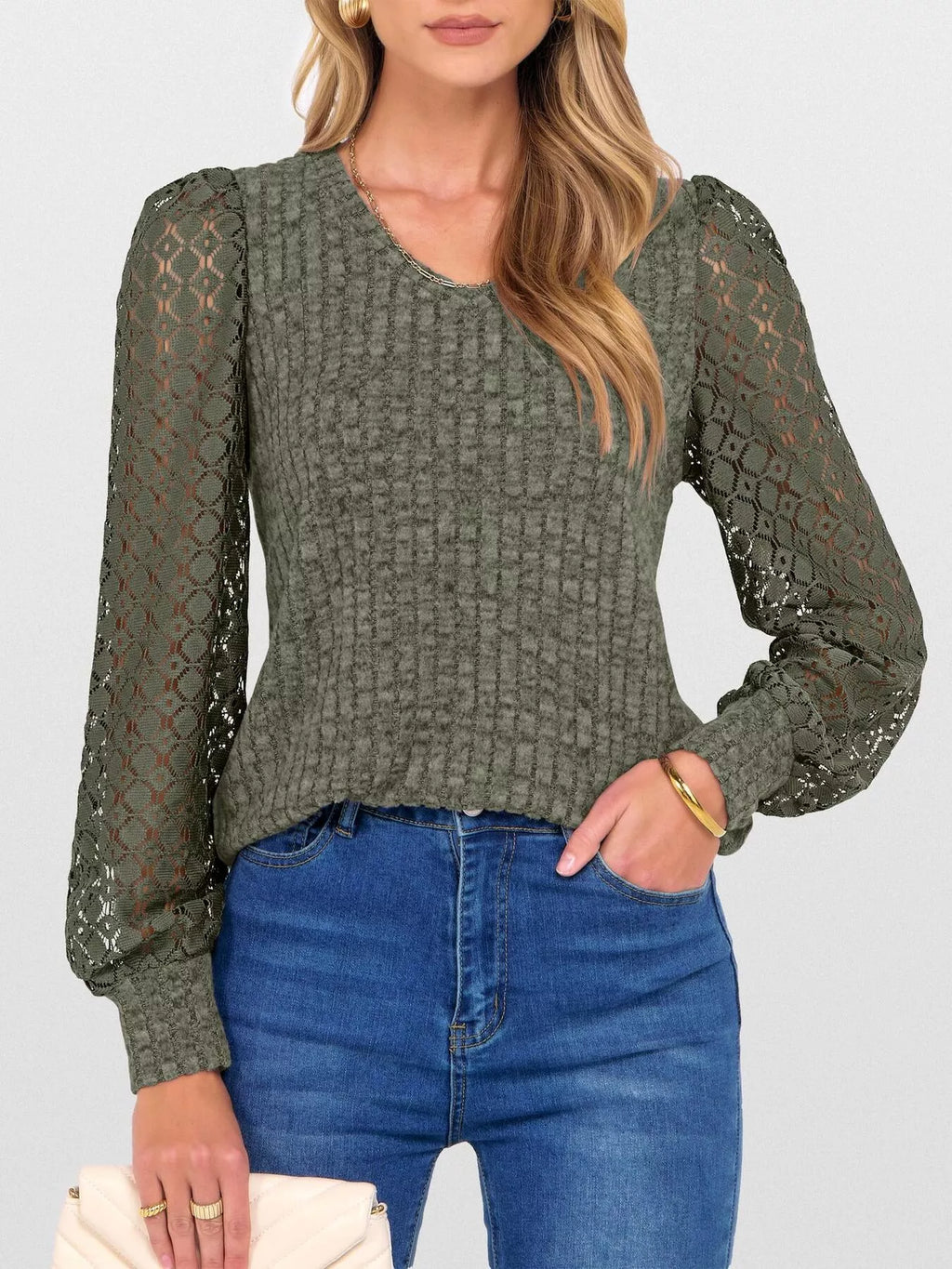 Lace Sleeve V-neck T-shirt (24)