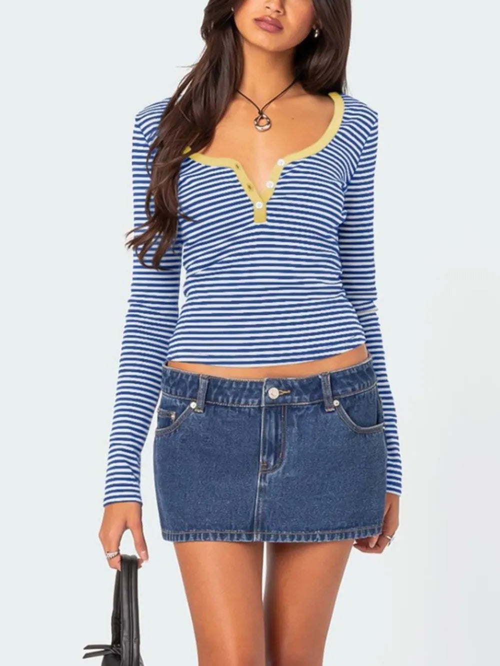 Buttoned Striped Long Sleeve T-shirt (14)