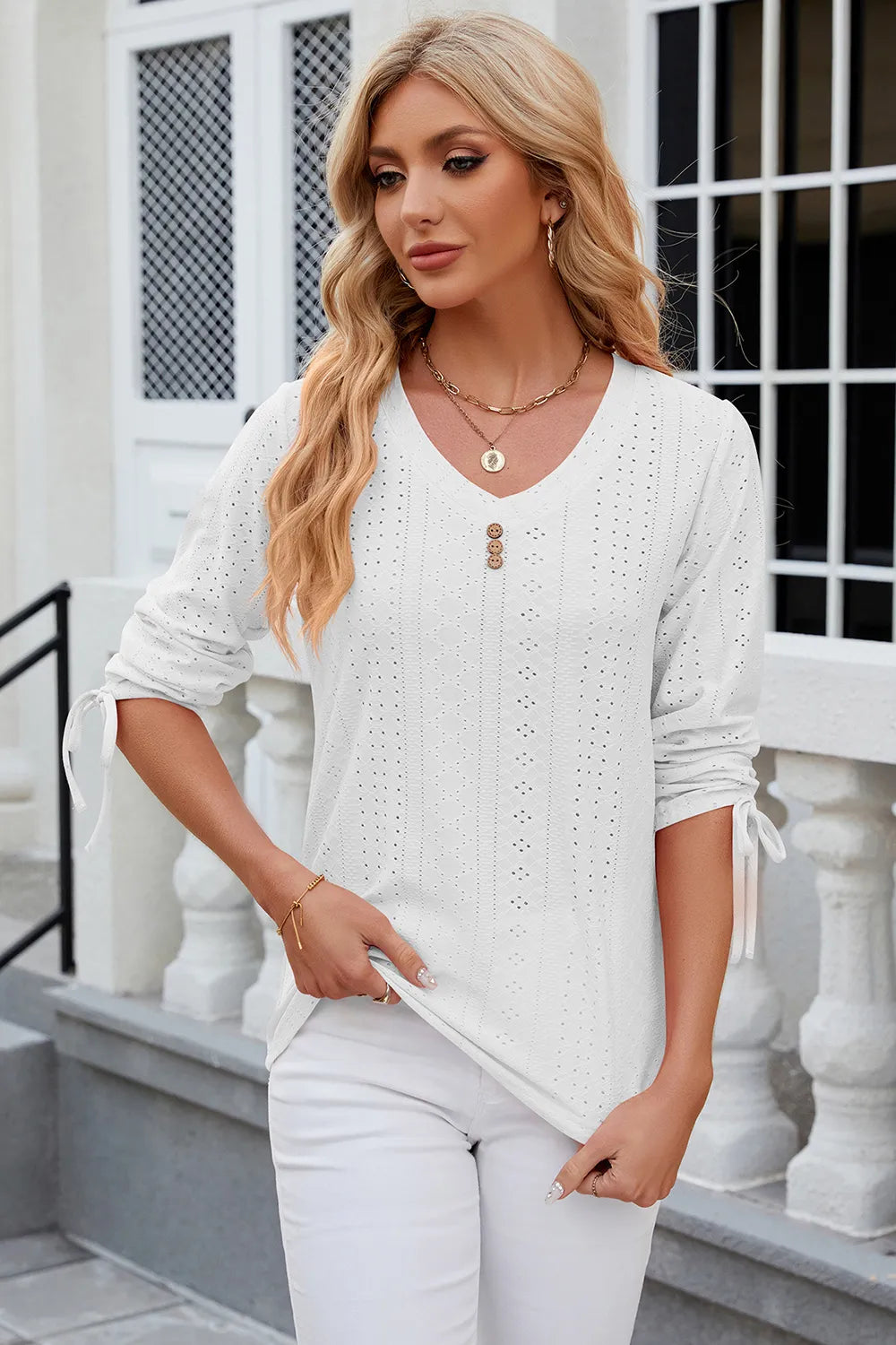 Eyelet Drawstring V-neck Half Sleeve T-shirt (14)