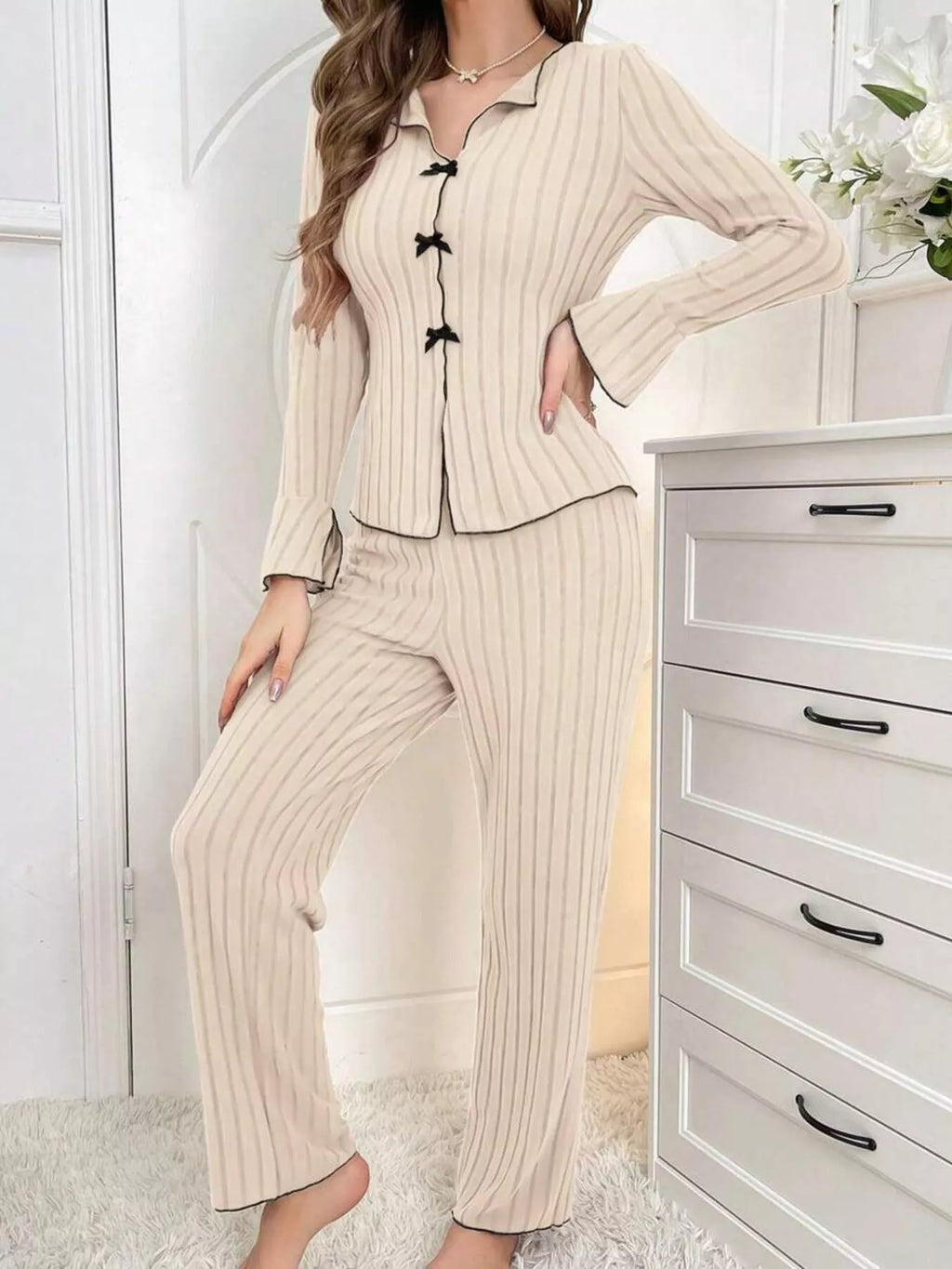 Contrast Bow Detail Top Pants Lounge Set (2)